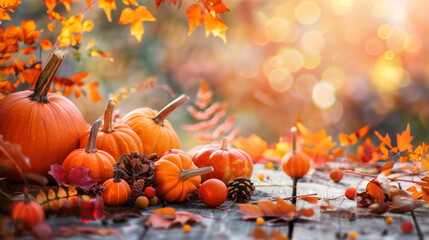 Happy Thanksgiving holiday background from autumn leaves, pumpkins and fall decorations on turquoise table.