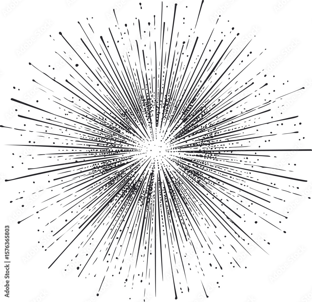 Poster black and white starburst with dynamic lines and dots, concept of an explosion. vector sketch illust