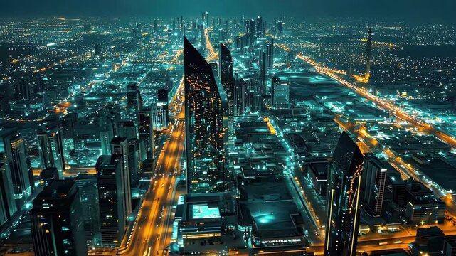 Riyadh cityscape at night showcasing illuminated buildings and vibrant lights from an aerial perspective, riyadh cityscape night aerial view