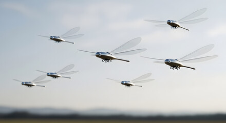 Obraz premium Biomimetic Dragonfly Drones Flying in Formation