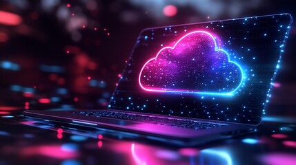 A laptop displays a vibrant cloud computing graphic, symbolizing the modern digital cloud technology services it accesses