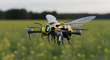 Advanced bee drone with luminous circuitry flying near wildflowers in serene atmosphere