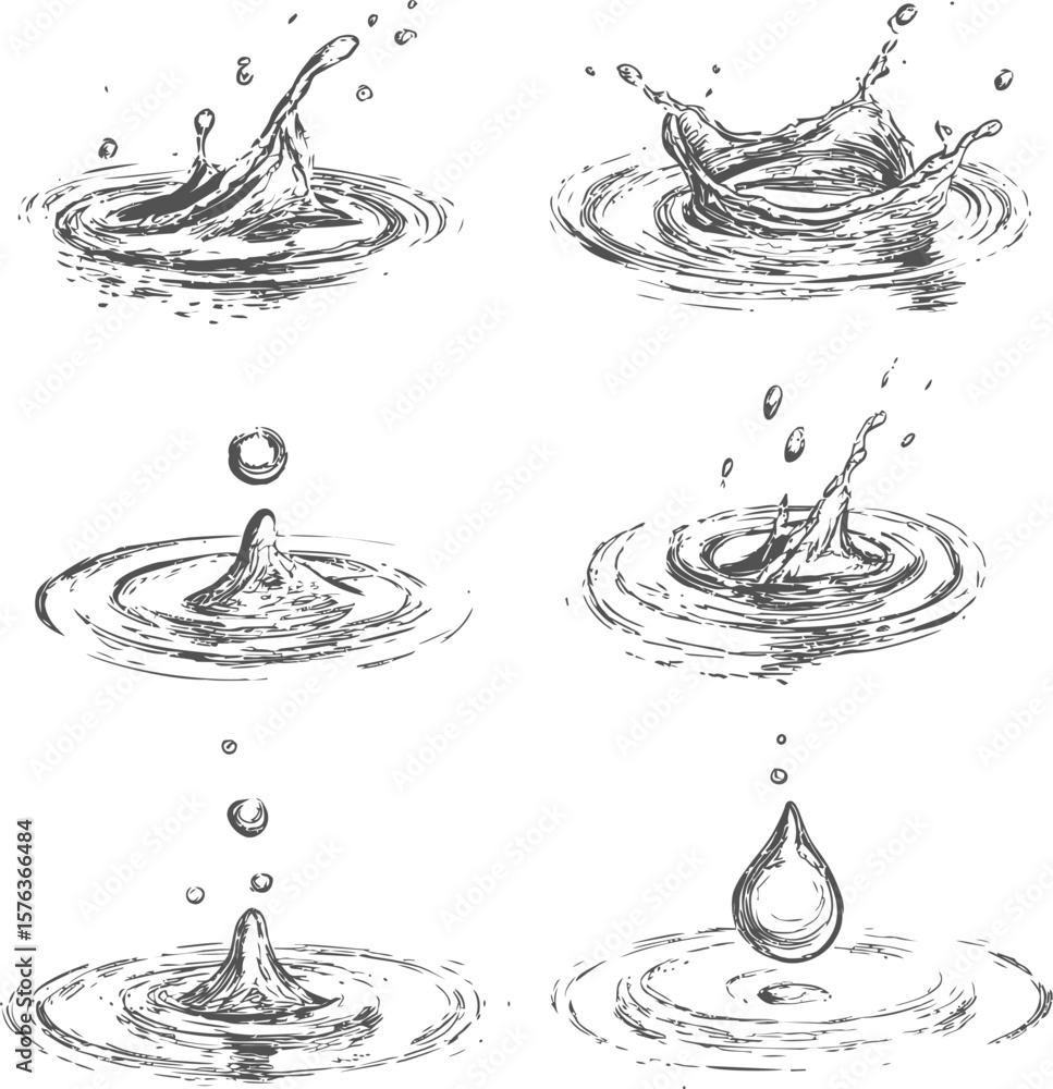 Poster sketch of water droplets and splashes creating ripples on the surface. vector illustration
