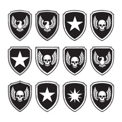 A collection of fifteen distinct shield emblems featuring eagles, skulls, stars, and wings in various designs