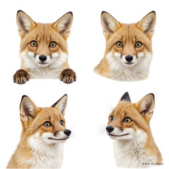 Obraz premium Fox Quartet: Four adorable fox portraits, each displaying unique expressions and poses, set against a clean background. Perfect for branding, design projects, or nature-themed materials. 