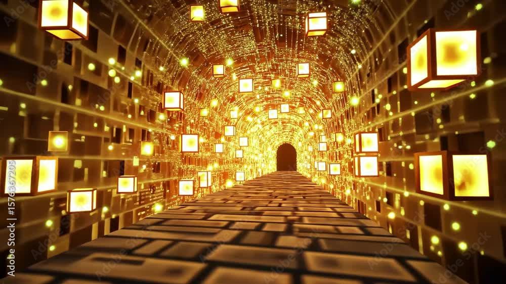 Poster glow of cubes illuminates tunnel pathway in a seamless render of vibrant light and texture, tunnel o