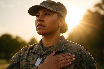 Stock photo of female marine soldier with hand over heart at sunset