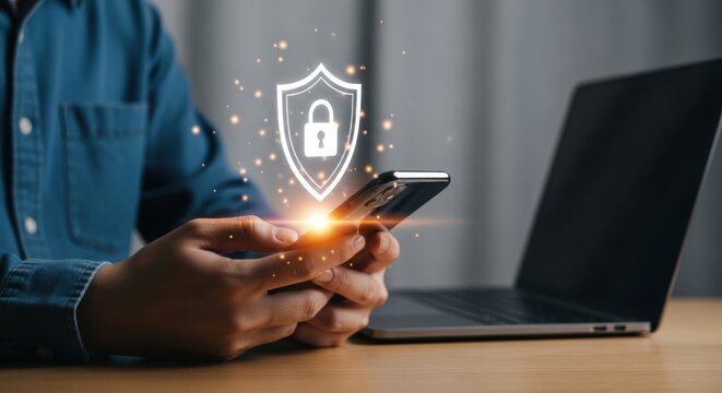 A person is using a smartphone with a security shield overlay, representing cybersecurity and data protection