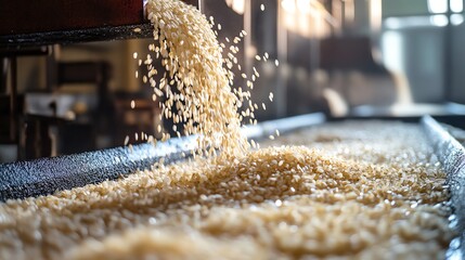 A Streams of rice grains being processed and poured in a facility, depicting the industrial scale of food production