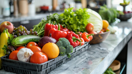 Fresh colorful vegetables on marble counter in kitchen background. Healthy organic produce, farm to table concept, culinary preparation, restaurant food photography for nutrition