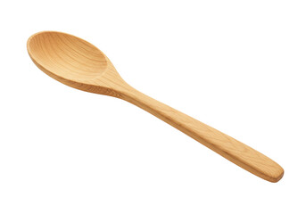 A meticulously detailed light brown wooden cooking spoon with a long handle and rounded bowl, displaying natural wood grain texture, presented against a transparent background with ample copy space,