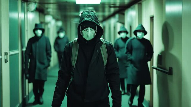 Covid drones wearing masks navigate a dim corridor in a healthcare facility, Mask wearing Covid drones trudge down a corridor