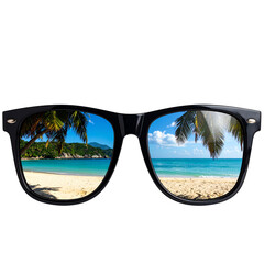 Stylish Sunglasses Reflecting Tropical Beach with Palm Trees, Transparent Background