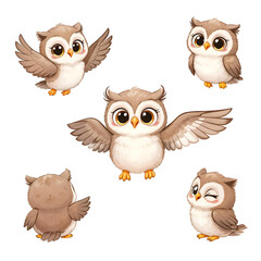 Fototapeta premium Owlets' Aerial Dance: A heartwarming collection of adorable owlets playfully spread their wings in a delightful dance. Illustrating a pure blend of cuteness and charm. 