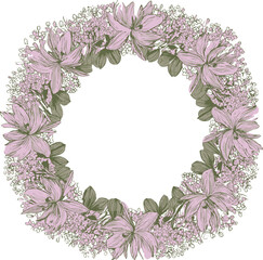 Pink floral wreath with lilies and greenery in sketch, delicate art. Vector illustration