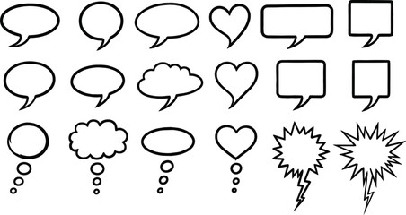 Fototapeta premium Brush hand drawn speech bubbles set. Rough grungy textured uneven messy outline stroke edge. Talking, speaking, screaming, laughing, thinking, dreaming cloud linear grunge shapes