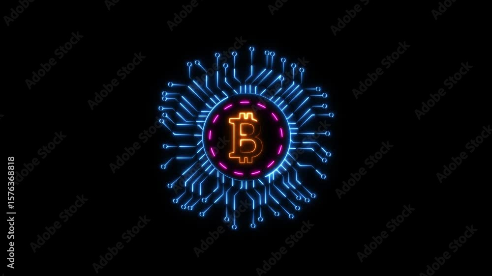Poster bitcoin icon animation on technology circle. glowing crypto currency motion graphics. blockchain sto