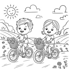 Vector art of two happy children riding bicycles with flowers in their baskets on a sunny day