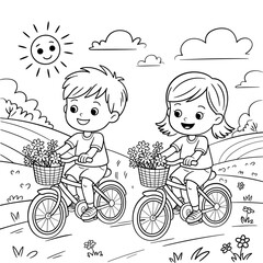 Vector art of two happy children riding bicycles with flowers in their baskets on a sunny day