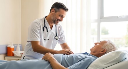 Obraz premium Smiling doctor with stethoscope checks on an elderly patient lying in a hospital bed with a window in the background