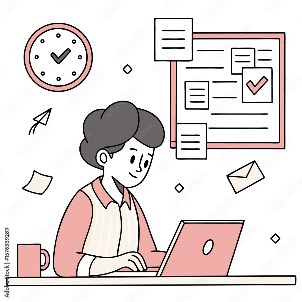 Poster a smiling person works diligently on a laptop with a clock and task board in the background symboliz