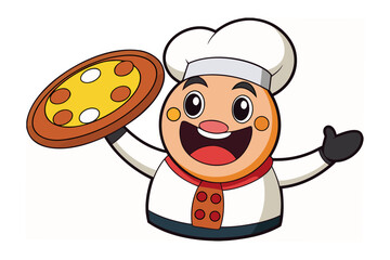 Cheerful Cartoon Chef: A delightful cartoon chef, complete with traditional hat and uniform, joyfully presents a freshly baked pizza, radiating warmth and culinary enthusiasm.