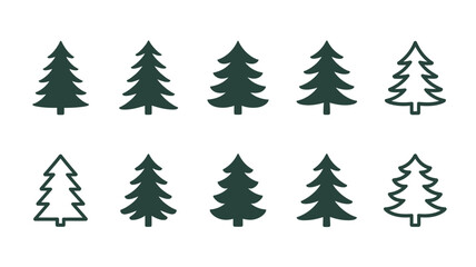 Vector art of a collection of ten stylized christmas trees in various green shades and outlines
