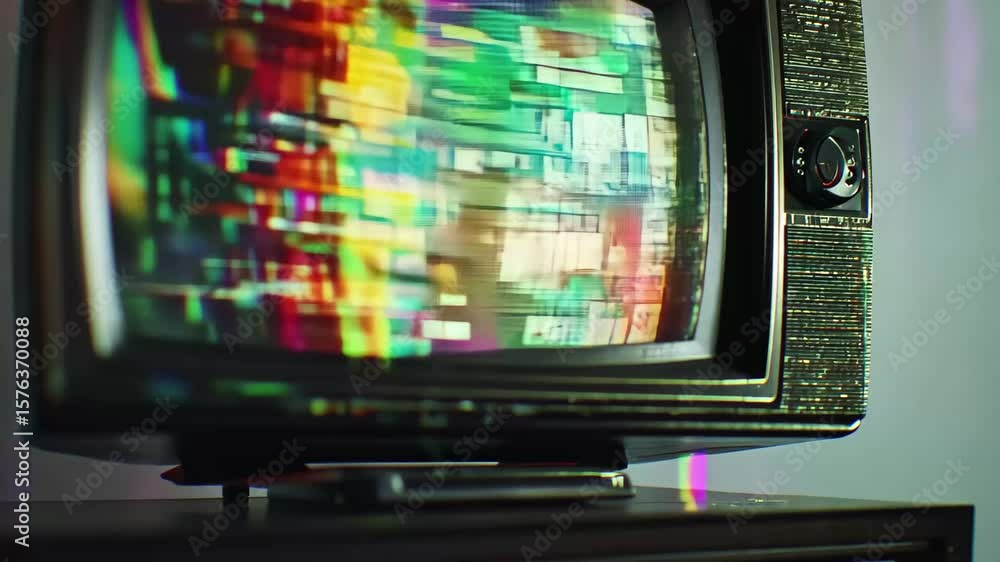 Poster vertical analog glitch noise artifacts television with distorted display and vibrant colors, vertica