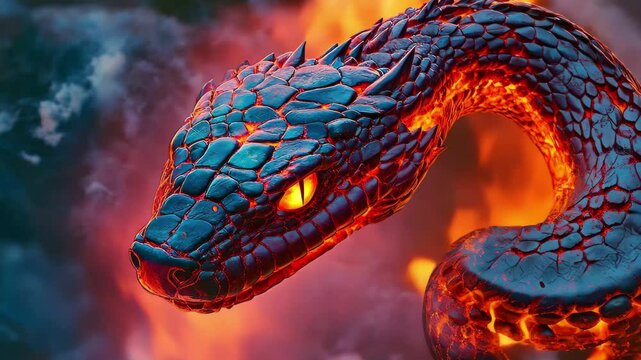 Fiery dragon snake emerges from flames in a dynamic digital painting capturing myth and power, The fiery dragon snake Anime or digital painting style