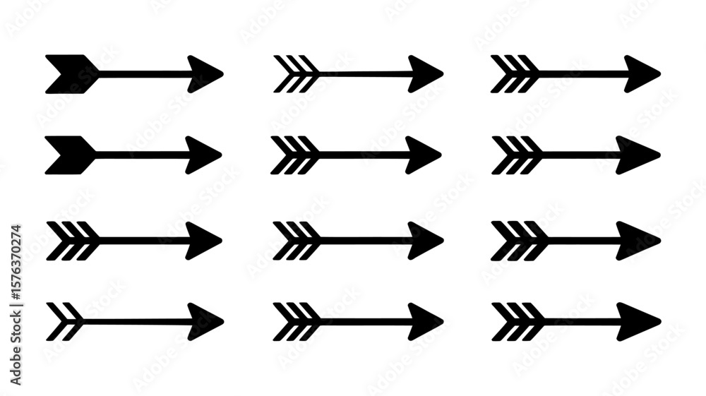 Poster vector art of an assortment of black arrows, each uniquely styled to represent direction and forward