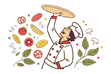 Chef's Culinary Art: A chef artistically tosses pizza dough, surrounded by fresh ingredients in a vector illustration. Celebrating food and culinary skill.