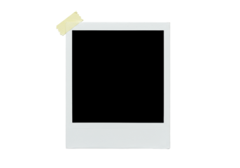 Blank polaroid photo frame with thick white border, matte black empty center, and yellow masking tape, against a transparent background with subtle shadow, top-down, ultra-realistic, untouched