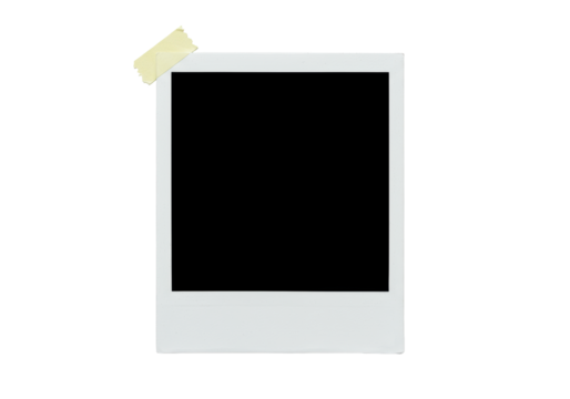 Blank polaroid photo frame with thick white border, matte black empty center, and yellow masking tape, against a transparent background with subtle shadow, top-down, ultra-realistic, untouched