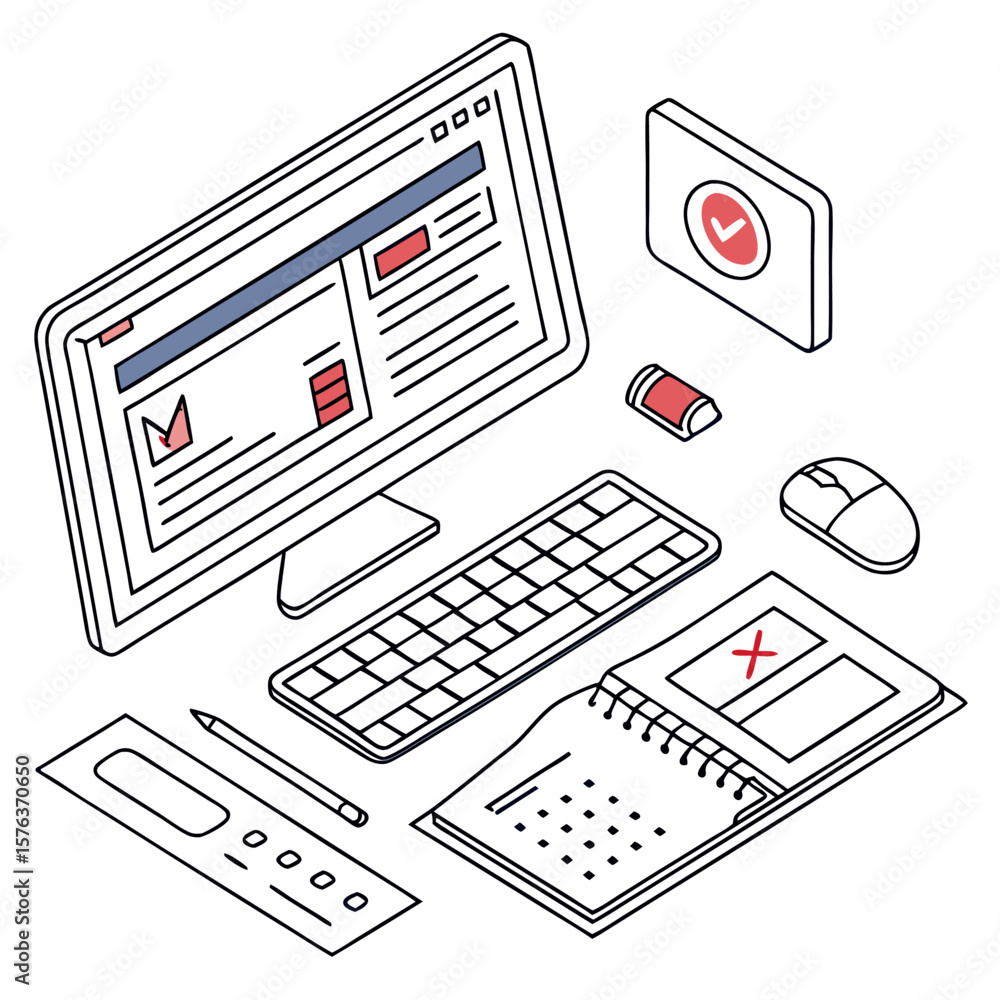 Poster isometric illustration of a computer setup with a calendar showing a red x mark a checkmark notifica