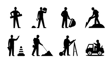 Naklejka premium Vector art of silhouettes of construction workers performing diverse tasks with tools and equipment