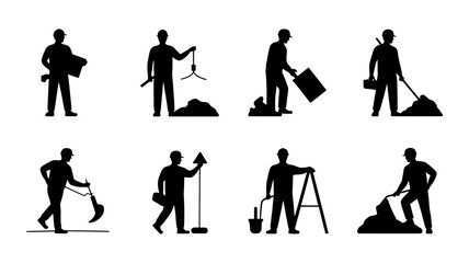 Vector art of silhouettes of construction workers handling materials and using tools on site