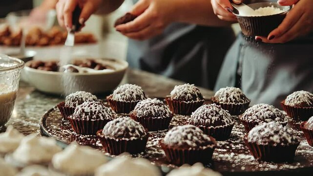 Women create traditional brigadeiro treats in a bustling kitchen during a festive gathering, Young women in the kitchen making brigadeiro, a traditional Brazilian dessert Cinematic