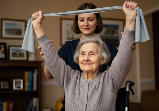 Senior woman in wheelchair doing arm exercises with resistance band, assisted by caregiver