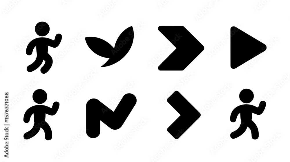 Poster vector art of set of eight black icons featuring running figures and directional arrows on white bac
