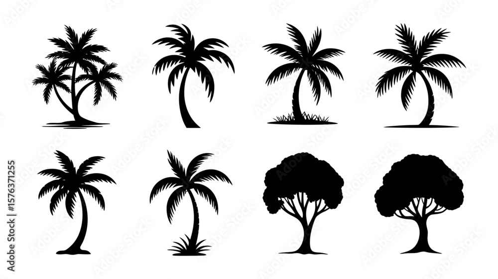 Poster vector art of collection of black palm tree silhouettes and other trees on a white background