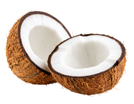  Split Coconut with Drilled Hole, Side Angle Composition, Isolated on PNG