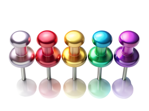 Collection of five colorful metallic push pins arranged in a row isolated on transparent background
