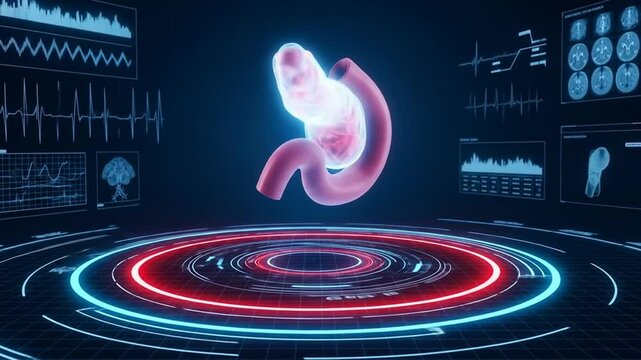 Futuristic medical technology interface displaying human pancreatic organ health data analysis