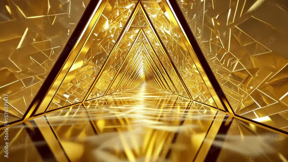 Poster strobe light illuminates triangle tunnel with golden reflections in dynamic light display, triangle 