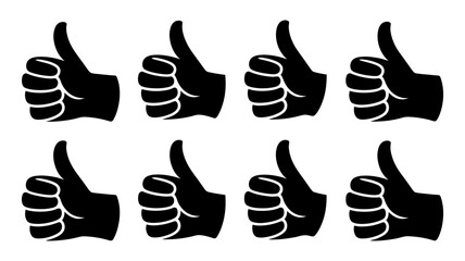Fototapeta premium Vector art of a collection of eight black thumbs up icons in various angles and perspectives