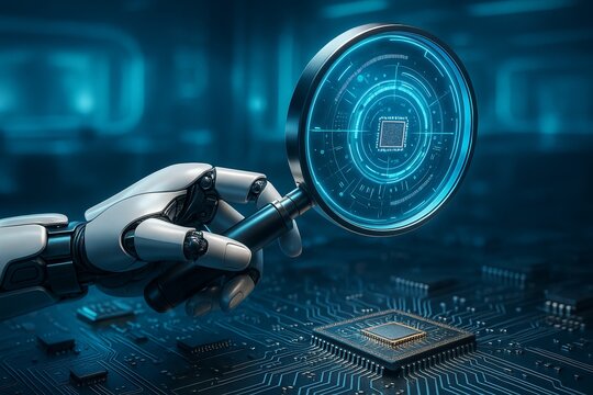 Robotic hand holds magnifying glass over microchip on circuit board with glowing digital interface