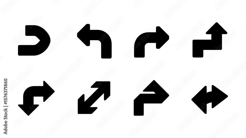 Poster vector art of a curated selection of black arrow icons representing various directions and turns on 