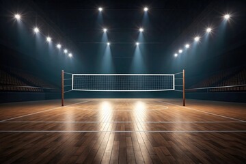 Volleyball court with net hardwood floor and stadium lighting in a dark indoor arena