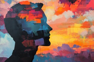Silhouette of a head with colorful abstract patterns suggesting thoughts or emotions.