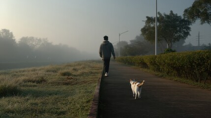 Obraz premium Morning walk: male adult and cat strolling on misty path
